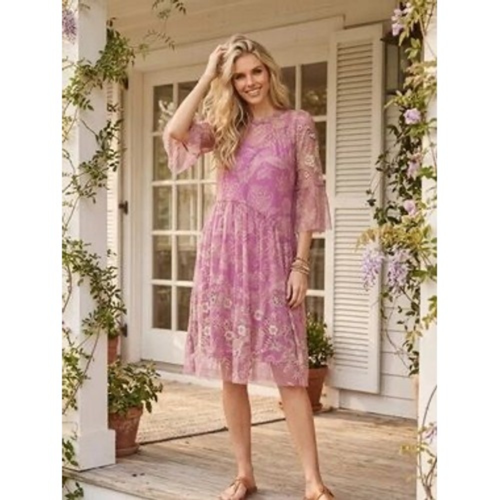 Biya Johnny Was Purple Floral Mesh Embroidered Bell Sleeve Dress B34625-3 XS
